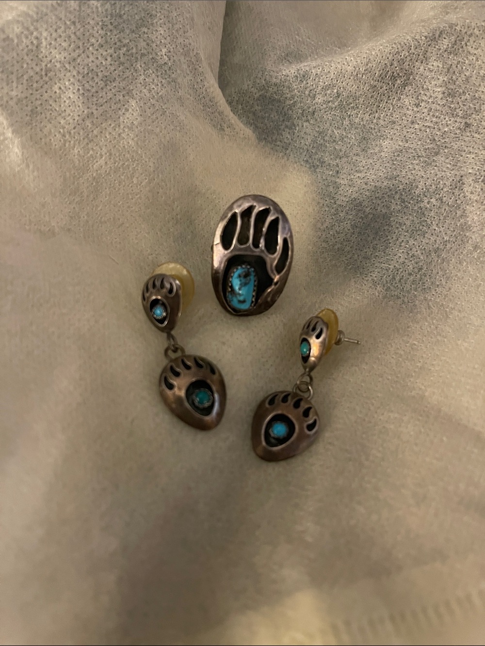 Vintage Turquoise Bear Paw Ring and Earrings Set
